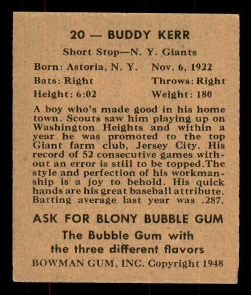 1948 Bowman Baseball #020 Buddy Kerr Giants EX-MT 556129