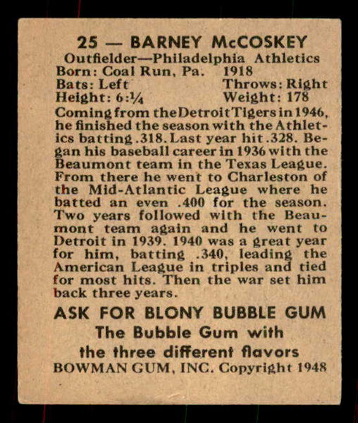 1948 Bowman Baseball #025 Barney Mccosky A's EX-MT 556130