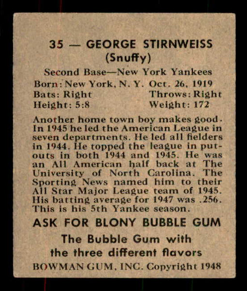 1948 Bowman Baseball #035 Snuffy Stirnweiss Yankees EX+/EX-MT 556131