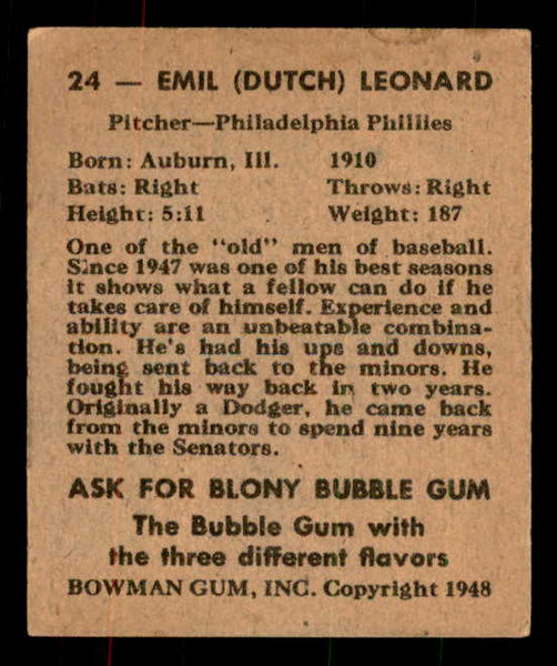 1948 Bowman Baseball #024 Dutch Leonard Phillies EX-MT 556132