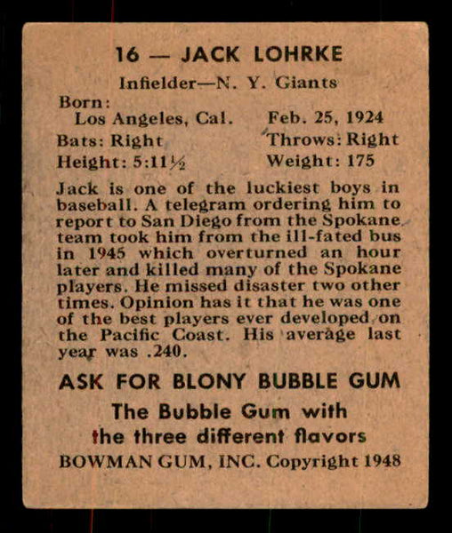 1948 Bowman Baseball #016 Jack Lohrke Giants EX-MT 556134
