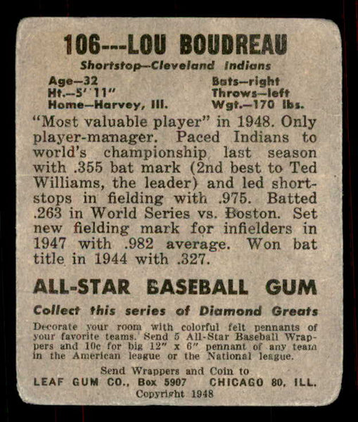 1948 Leaf Baseball #106 Lou Boudreau Indians GD-VG 556136
