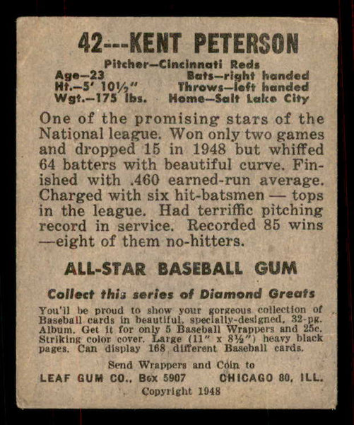 1948 Leaf Baseball #042 Kent Peterson Reds VG-EX Black Cap 556138