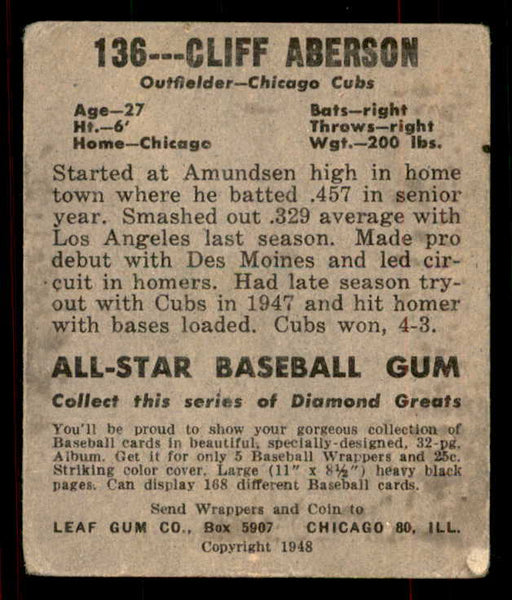 1948 Leaf Baseball #136 Cliff Aberson Cubs VG-EX Short Sleeve 556139