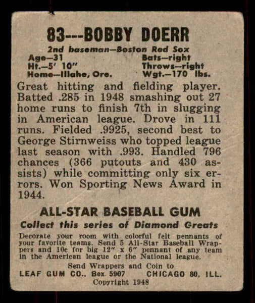 1948 Leaf Baseball #083 Bobby Doerr Red Sox VG 556141