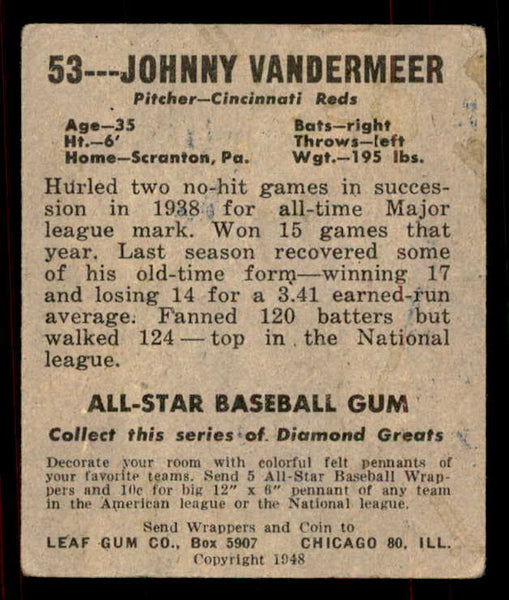 1948 Leaf Baseball #053 Johnny Vander Meer Reds VG 556143