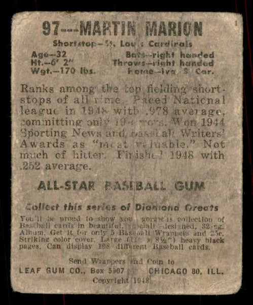 1948 Leaf Baseball #097 Marty Marion Cardinals Good 556144