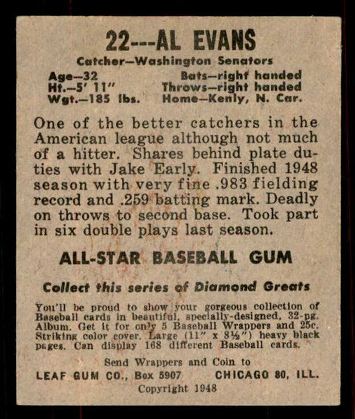1948 Leaf Baseball #022 Al Evans Senators EX-MT 556145