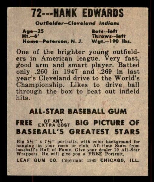 1948 Leaf Baseball #072 Hank Edwards Indians EX 556148