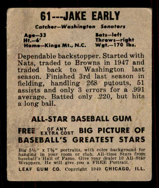 1948 Leaf Baseball #061 Jake Early Senators VG-EX 556153