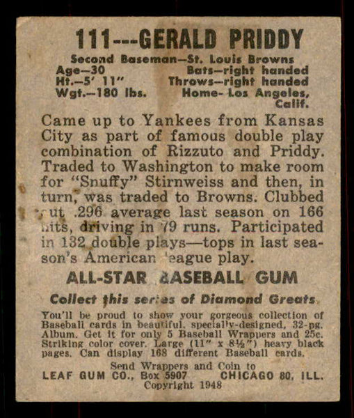 1948 Leaf Baseball #111 Jerry Priddy Browns VG Stain 556164