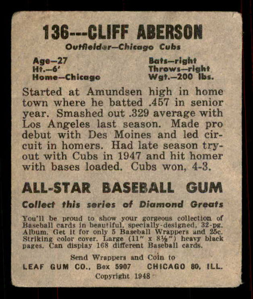 1948 Leaf Baseball #136 Cliff Aberson Cubs VG 556165