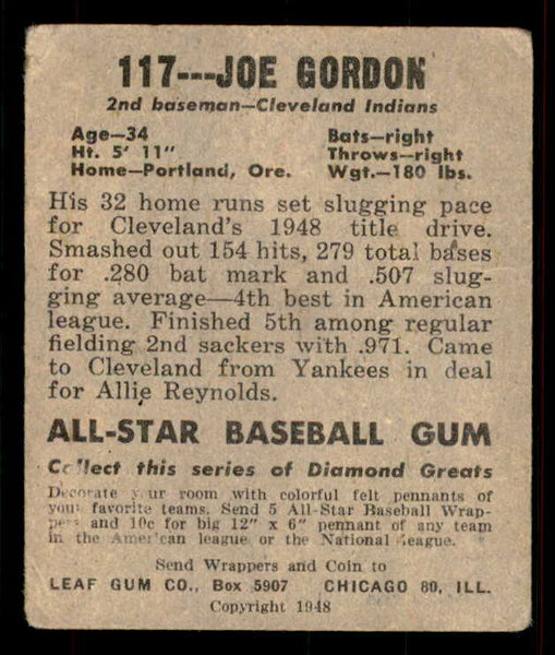 1948 Leaf Baseball #117 Joe Gordon Indians VG 556174