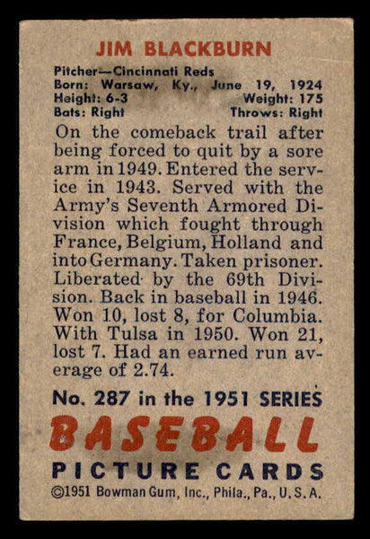 1951 Bowman Baseball #287 Jim Blackburn Reds EX 556175