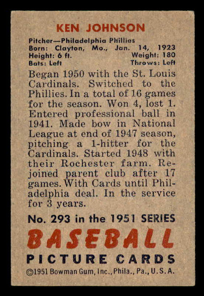 1951 Bowman Baseball #293 Ken Johnson Phillies EX 556176