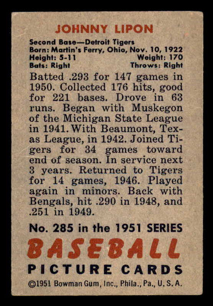 1951 Bowman Baseball #285 Johnny Lipon Tigers EX 556177