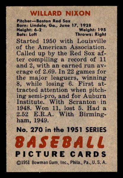 1951 Bowman Baseball #270 Willard Nixon Red Sox EX 556178