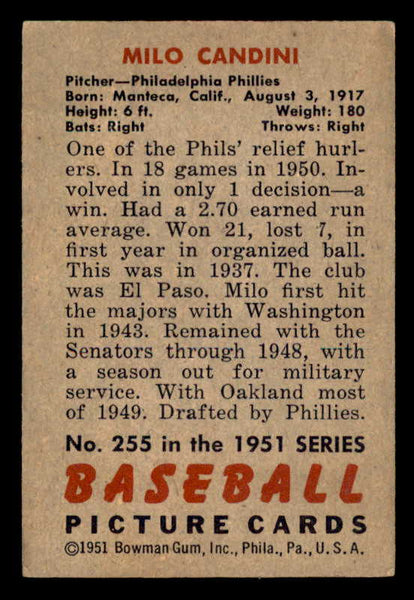1951 Bowman Baseball #255 Milo Candini Phillies EX-MT 556179