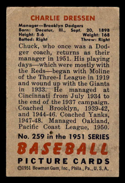 1951 Bowman Baseball #259 Chuck Dressen Dodgers EX-MT 556182