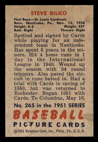 1951 Bowman Baseball #265 Steve Bilko Cardinals EX-MT 556185