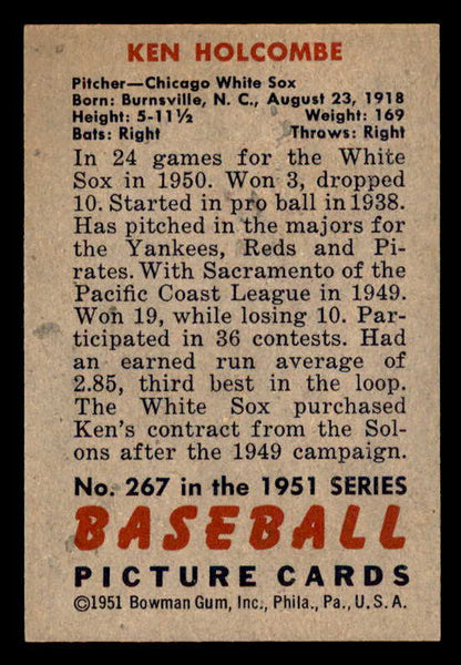 1951 Bowman Baseball #267 Ken Holcombe White Sox EX-MT 556186