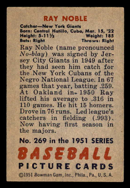 1951 Bowman Baseball #269 Ray Noble Giants EX-MT 556187