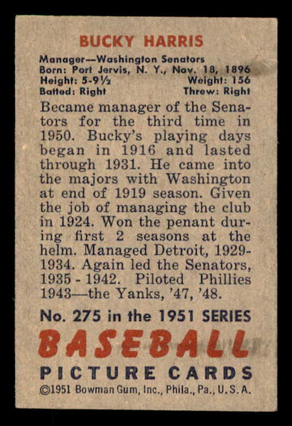 1951 Bowman Baseball #275 Bucky Harris Senators EX-MT 556188