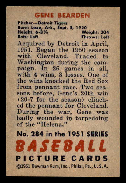 1951 Bowman Baseball #284 Gene Bearden Tigers EX-MT 556192