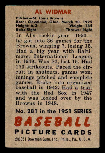 1951 Bowman Baseball #281 Al Widmar Browns VG-EX 556193