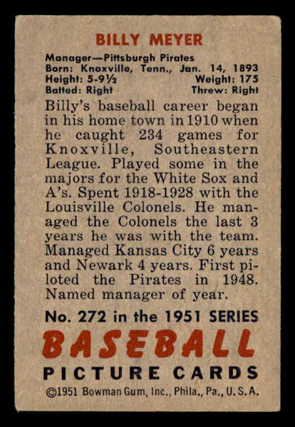 1951 Bowman Baseball #272 Billy Meyer Pirates VG-EX 556195