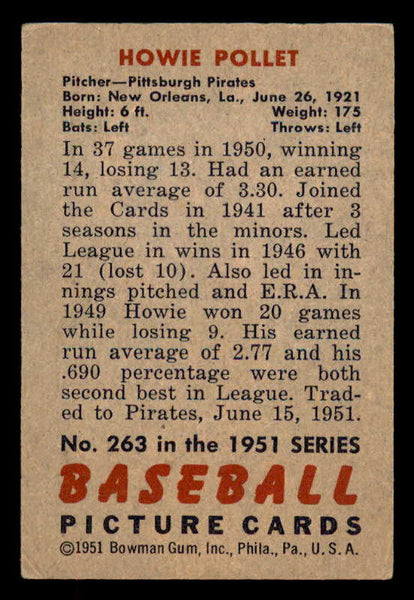 1951 Bowman Baseball #263 Howie Pollet Pirates VG-EX 556198