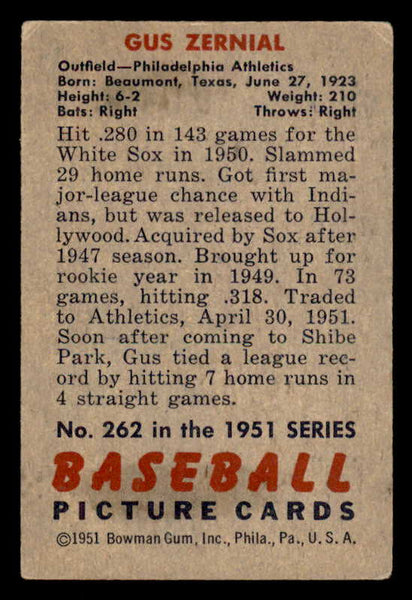 1951 Bowman Baseball #262 Gus Zernial A's VG-EX 556199