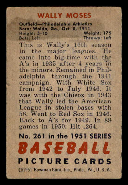 1951 Bowman Baseball #261 Wally Moses A's VG-EX 556200