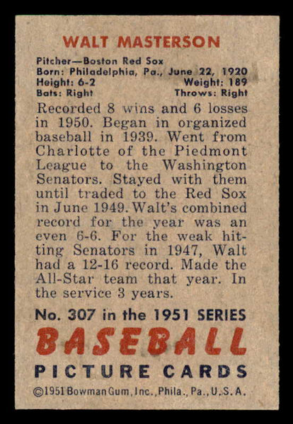 1951 Bowman Baseball #307 Walt Masterson Red Sox EX-MT 556202