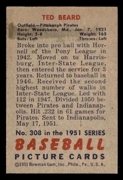 1951 Bowman Baseball #308 Ted Beard Pirates EX-MT 556203