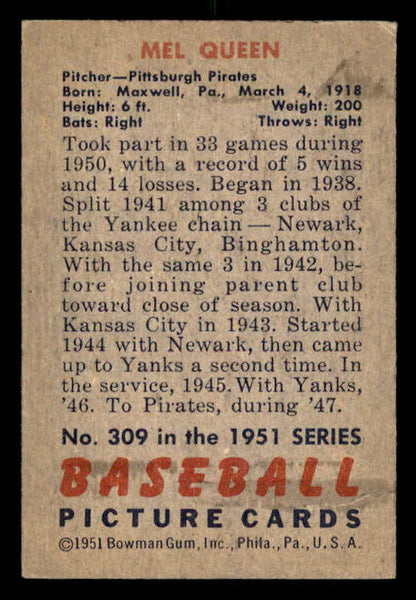 1951 Bowman Baseball #309 Mel Queen Pirates EX-MT 556204