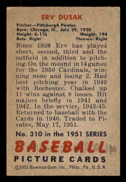 1951 Bowman Baseball #310 Erv Dusak Pirates EX-MT 556205