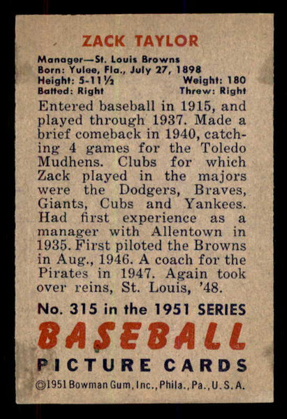 1951 Bowman Baseball #315 Zack Taylor Browns EX-MT 556206