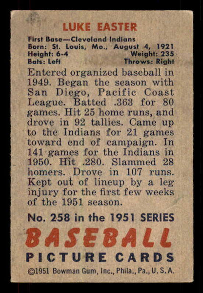1951 Bowman Baseball #258 Luke Easter Indians EX+/EX-MT 556212