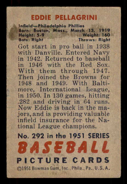 1951 Bowman Baseball #292 Eddie Pellagrini Phillies EX+/EX-MT 556214