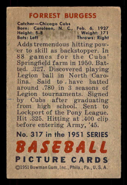 1951 Bowman Baseball #317 Smoky Burgess Cubs EX+/EX-MT 556215