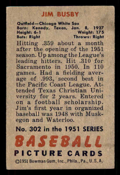 1951 Bowman Baseball #302 Jim Busby White Sox EX+/EX-MT 556216