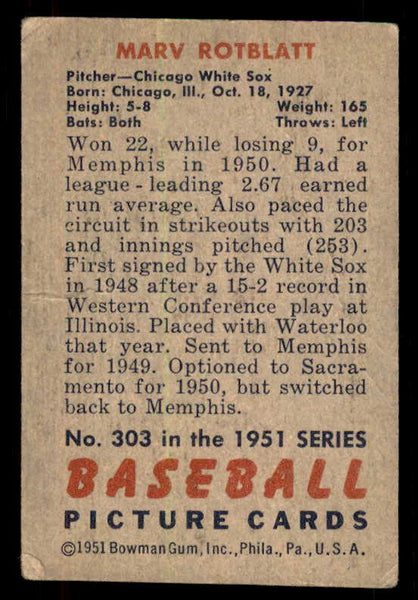 1951 Bowman Baseball #303 Marv Rotblatt White Sox VG 556218