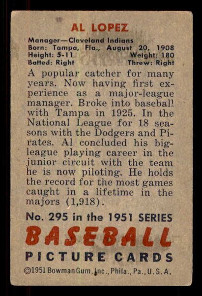 1951 Bowman Baseball #295 Al Lopez Indians EX+/EX-MT 556220