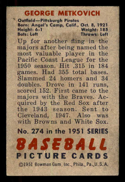 1951 Bowman Baseball #274 George Metkovich Pirates EX+/EX-MT 556222
