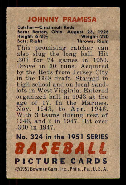 1951 Bowman Baseball #324 Johnny Pramesa Reds VG-EX 556223