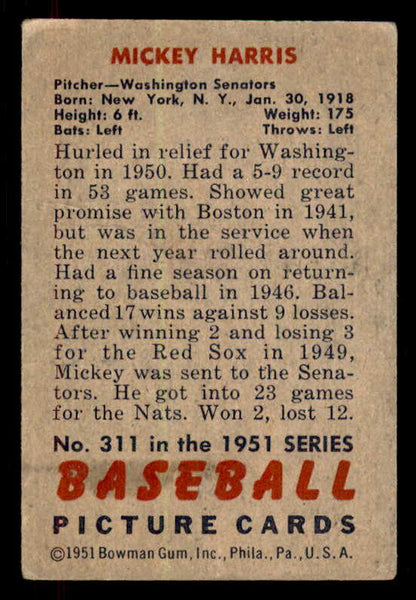 1951 Bowman Baseball #311 Mickey Harris Senators VG-EX 556228