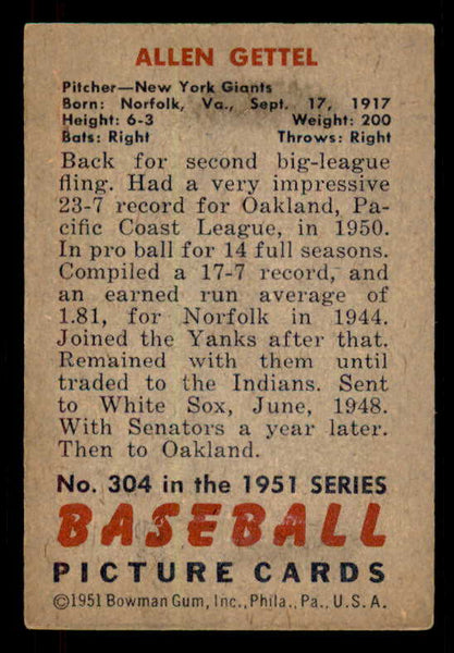 1951 Bowman Baseball #304 Allen Gettel Giants VG-EX 556229