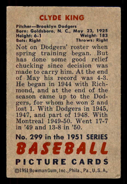 1951 Bowman Baseball #299 Clyde King Dodgers VG-EX 556230