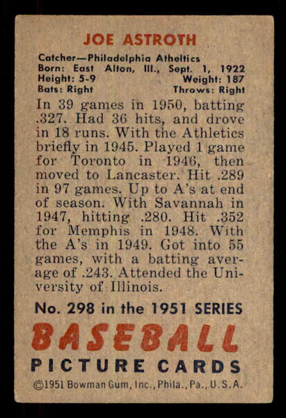 1951 Bowman Baseball #298 Joe Astroth A's VG-EX 556231